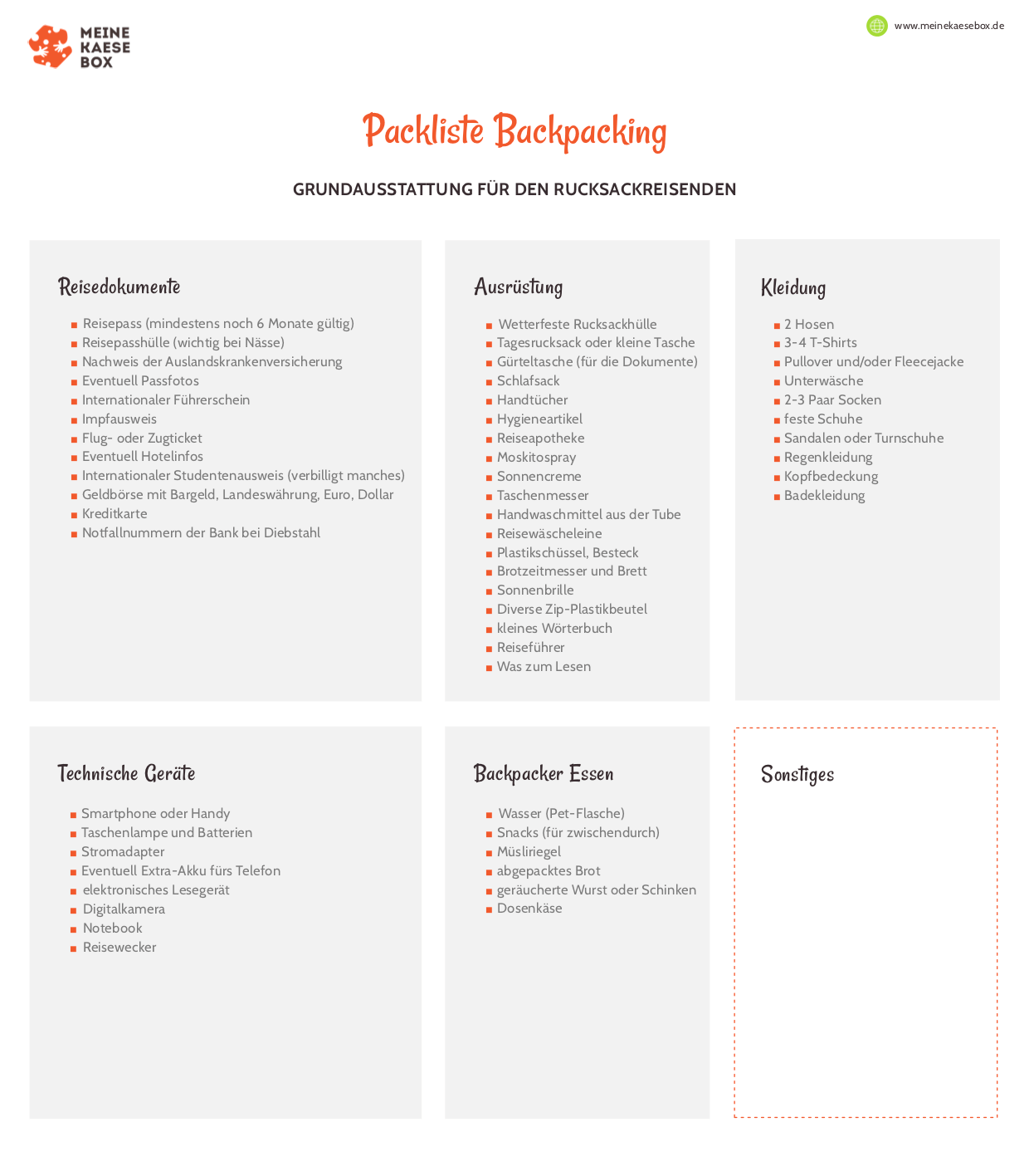 Die Backpacking Packliste PDF-Datei